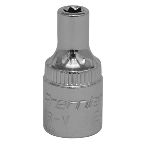 A chrome-plated, star-shaped socket wrench attachment made from Chrome Vanadium steel and labeled "TRX-Star* Socket E4 1/4\"Sq Drive - SET001," this Sealey product comes with a lifetime guarantee.