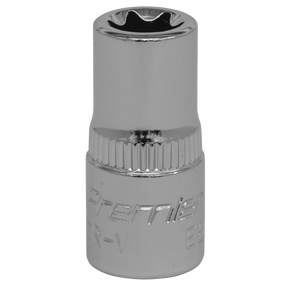 Close-up of a shiny Chrome Vanadium steel TRX-Star* Socket E8 1/4" Square Drive - SET005 with engraved text, showcasing Sealey's dedication to quality and corrosion resistance.