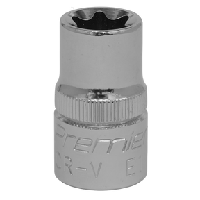 A shiny chrome vanadium steel socket with a fluted end and engraved text "Sealey TRX-Star* Socket E18 1/2"Sq Drive - SET011" comes with a lifetime guarantee.