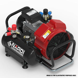 A black and red SIP NARDI EXTREME SUPER TN1 30BAR 18ltr Compressor (model number: SIP-SEXT1822430) with gauges and valves, featuring a low noise, oil-free pump design for industrial use. The image is labeled for illustrative purposes only.