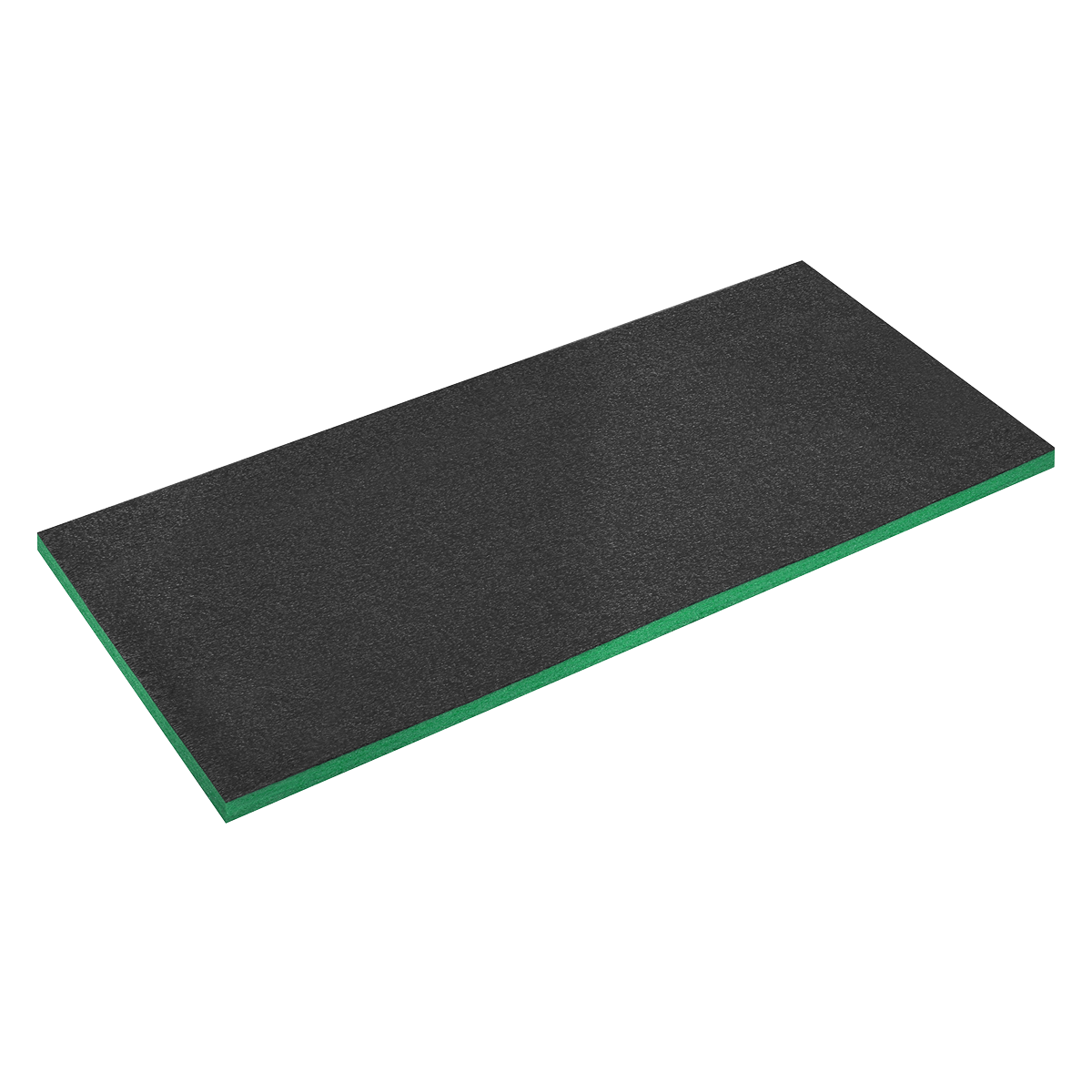 The Sealey Easy Peel Shadow Foam® Green/Black 1200 x 550 x 30mm - SF30G is a rectangular foam mat with a black top layer and a green bottom layer, perfect for tool tray inserts.