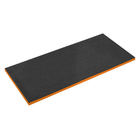 The Easy Peel Shadow Foam® Orange/Black 1200 x 550 x 30mm - SF30OR by Sealey, featuring a black rectangular surface and an orange underside made from durable polyethylene, laid flat on a white background.