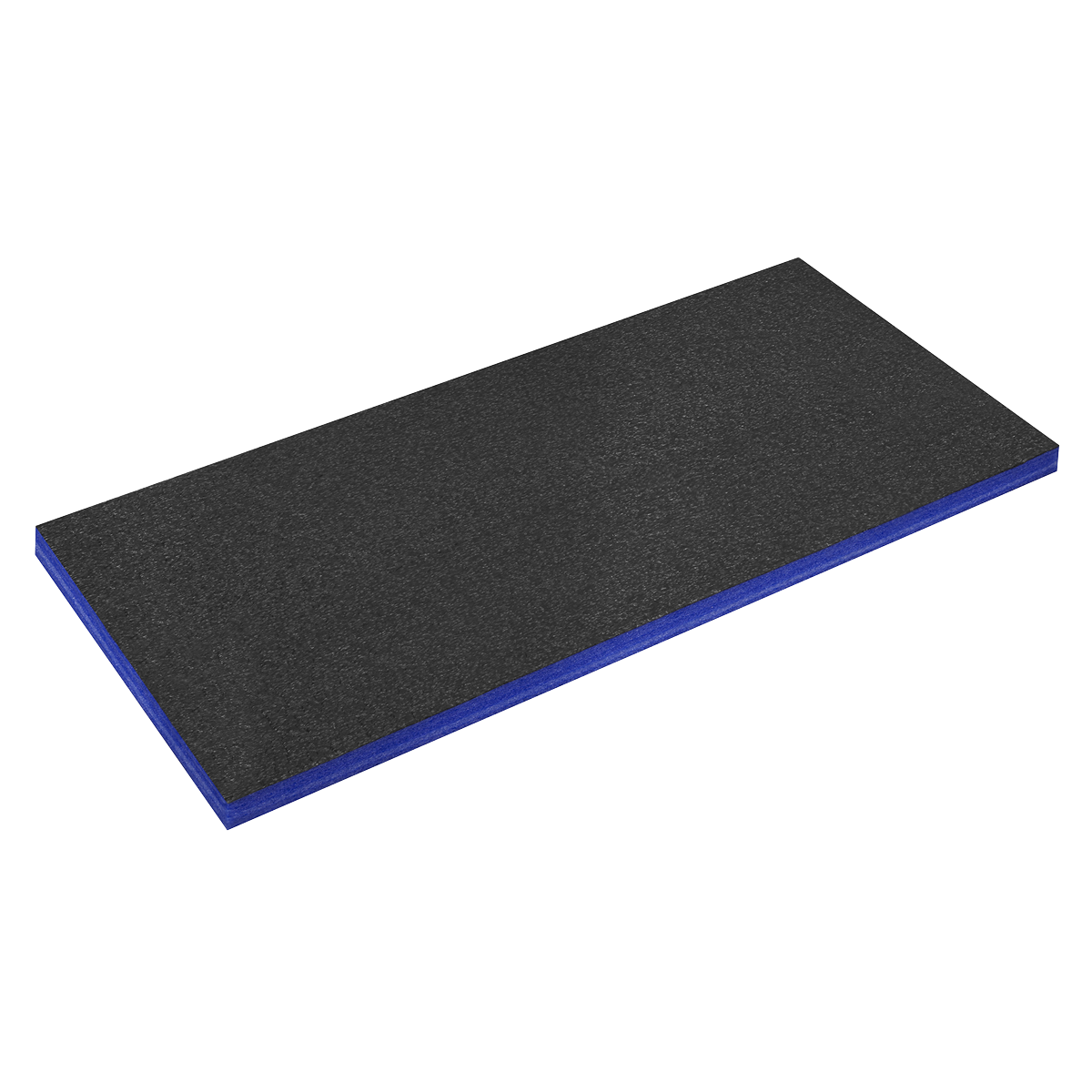 Presenting the Sealey Easy Peel Shadow Foam® SF50B: a rectangular exercise mat measuring 1200 x 550 x 50mm in sophisticated black with a striking blue edge, designed for superior cushioning with easy peel foam on a white background.