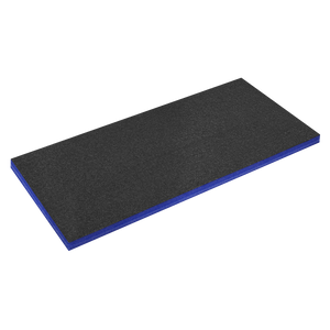 Presenting the Sealey Easy Peel Shadow Foam® SF50B: a rectangular exercise mat measuring 1200 x 550 x 50mm in sophisticated black with a striking blue edge, designed for superior cushioning with easy peel foam on a white background.