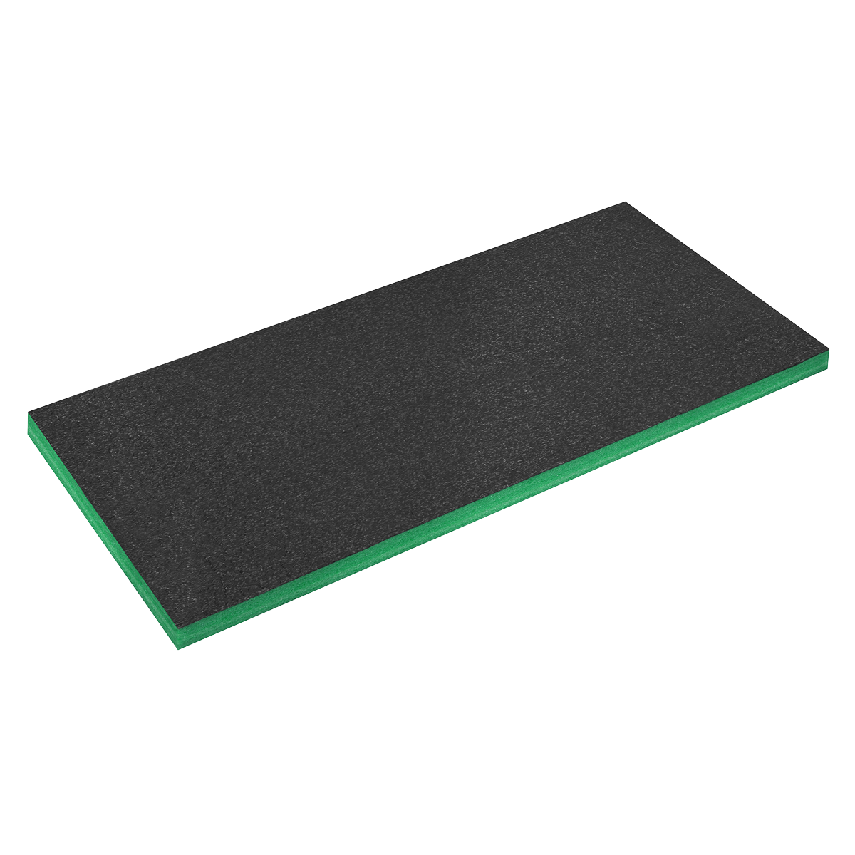 A rectangular black and green rubber mat from Sealey, named Easy Peel Shadow Foam® Green/Black 1200 x 550 x 50mm - SF50G, is displayed from a slightly elevated angle on a white background and features easy peel foam for customizable tool tray inserts.