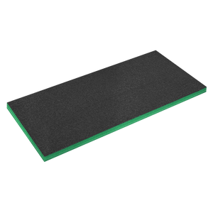 A rectangular black and green rubber mat from Sealey, named Easy Peel Shadow Foam® Green/Black 1200 x 550 x 50mm - SF50G, is displayed from a slightly elevated angle on a white background and features easy peel foam for customizable tool tray inserts.