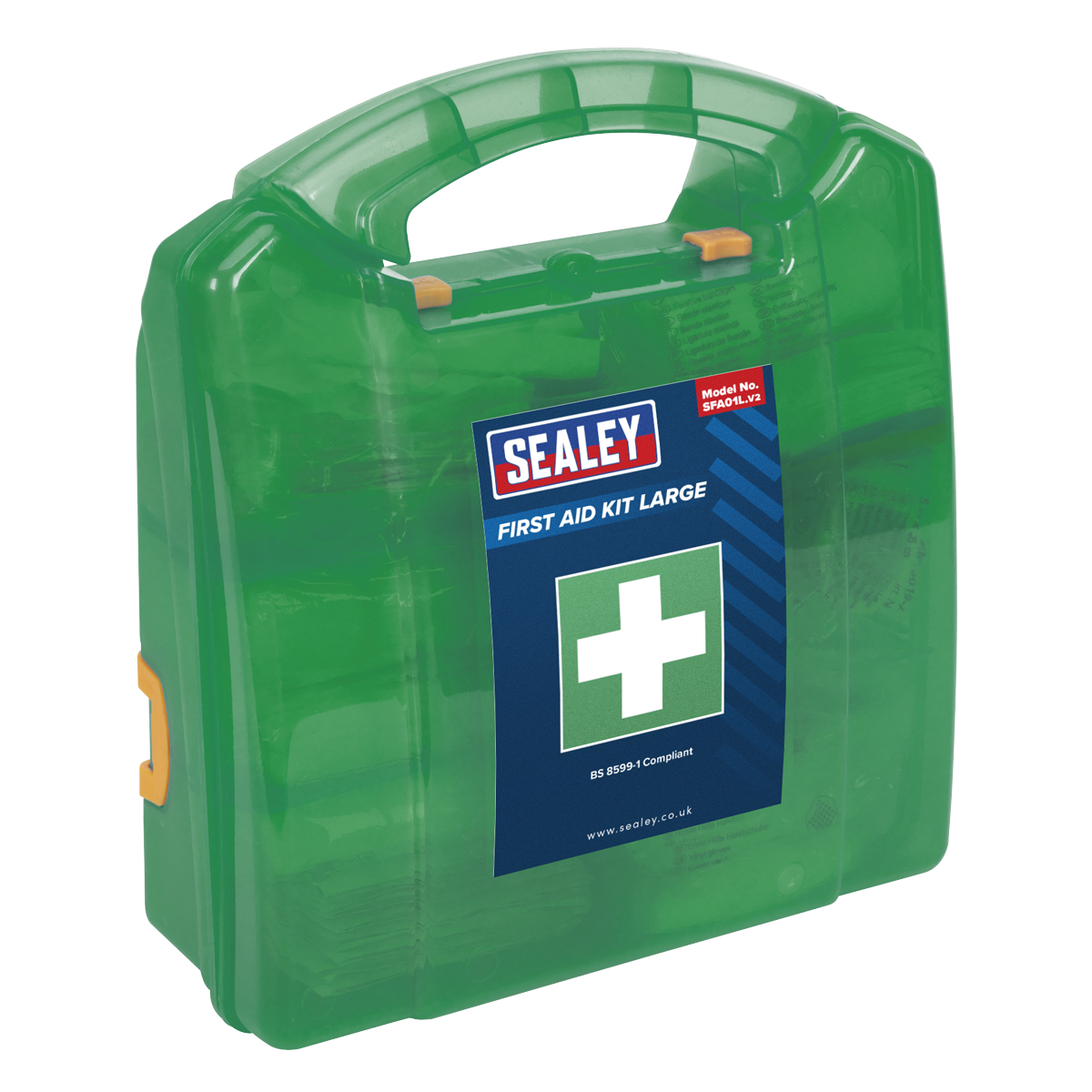 A green Sealey SFA01L first aid kit, featuring a white cross and the label "First Aid Kit Large, BS 8599-1 Compliant," is perfect for low-risk environments. This kit meets BS 8599-1 standards and includes a handle for easy portability.