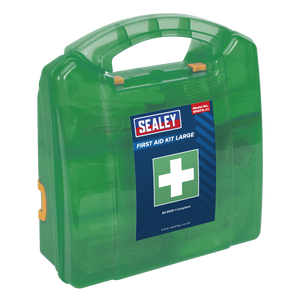 A green Sealey SFA01L first aid kit, featuring a white cross and the label "First Aid Kit Large, BS 8599-1 Compliant," is perfect for low-risk environments. This kit meets BS 8599-1 standards and includes a handle for easy portability.