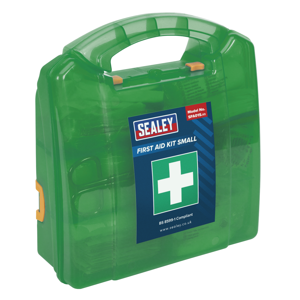 A green Sealey First Aid Kit (model SFA01S) marked with a white cross and labeled "First Aid Kit Small." Designed for low-risk environments, it adheres to BS 8599-1 standards.