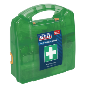 A green Sealey First Aid Kit (model SFA01S) marked with a white cross and labeled "First Aid Kit Small." Designed for low-risk environments, it adheres to BS 8599-1 standards.