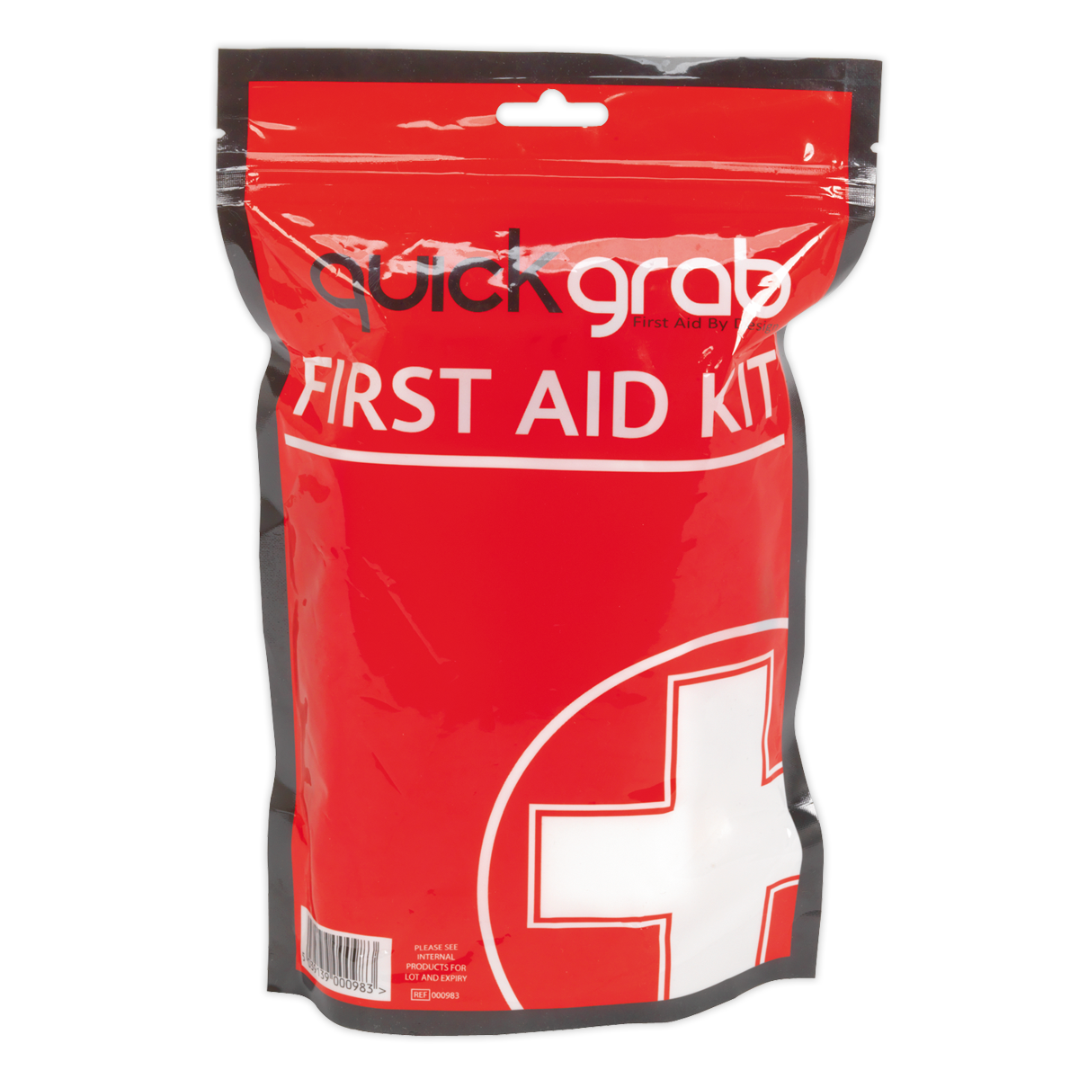 Introducing the First Aid Grab Bag - SFA03 by Sealey: a red, resealable first aid kit with a prominent white cross symbol on the front. This compact first aid solution is perfect for any situation.