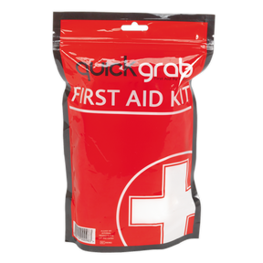 Introducing the First Aid Grab Bag - SFA03 by Sealey: a red, resealable first aid kit with a prominent white cross symbol on the front. This compact first aid solution is perfect for any situation.