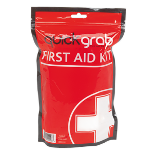 Introducing the First Aid Grab Bag - SFA03 by Sealey: a red, resealable first aid kit with a prominent white cross symbol on the front. This compact first aid solution is perfect for any situation.