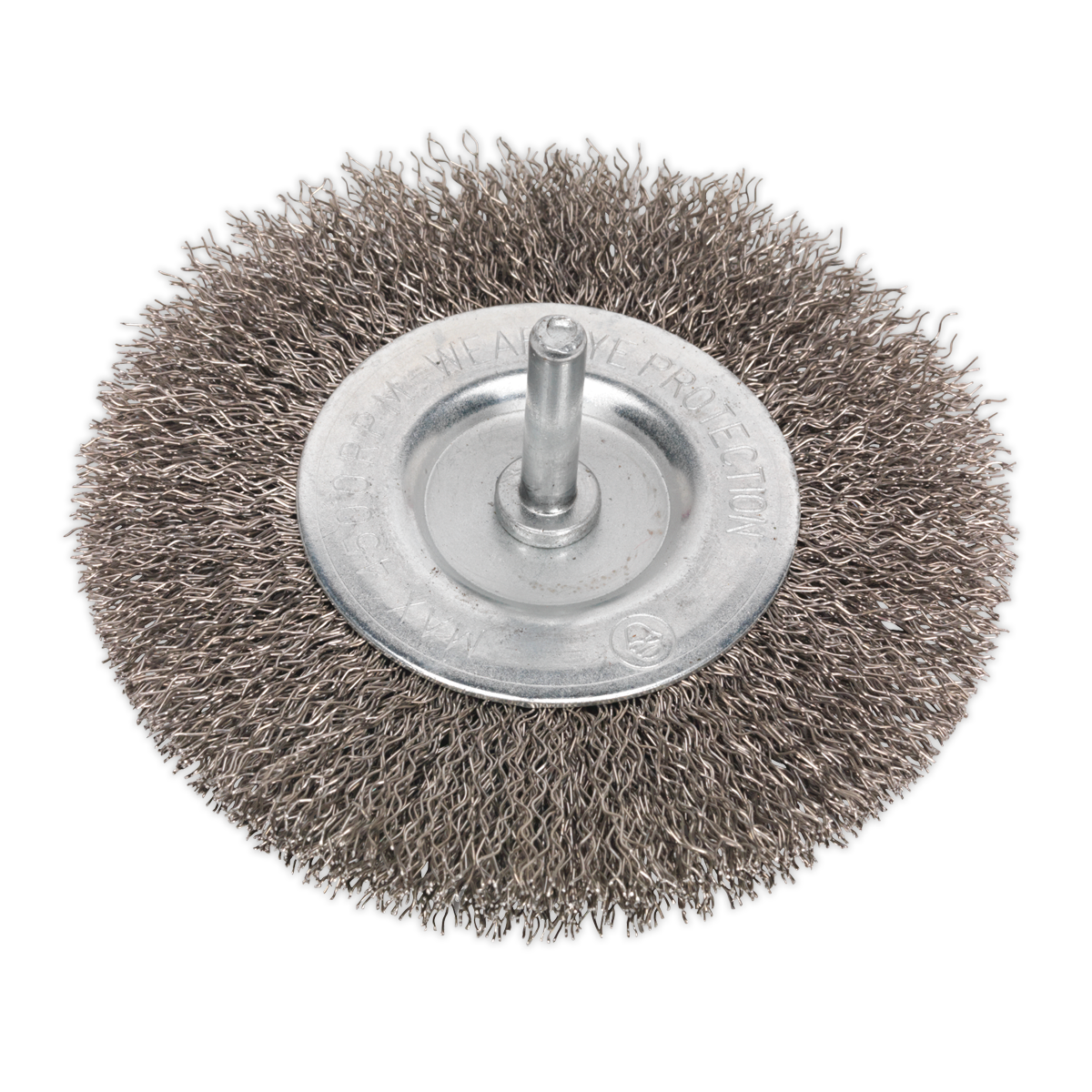 Close-up of the Sealey Flat Wire Brush Stainless Steel 100mm Ø6mm Shaft - SFBS100, featuring crimped stainless steel filaments and a central shaft for power tools, designed for cleaning and deburring surfaces at a maximum speed of 4500rpm.