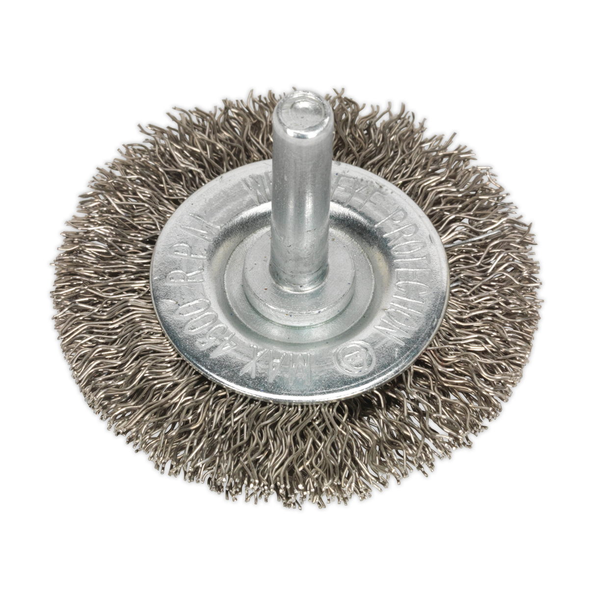 The Sealey Flat Wire Brush Stainless Steel Ø50mm Ø6mm Shaft - SFBS50 features crimped stainless steel filaments and a metal central shaft, making it ideal for use with power tools in cleaning and surface preparation tasks. It operates efficiently at a maximum speed of 4500rpm.