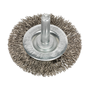 The Sealey Flat Wire Brush Stainless Steel Ø50mm Ø6mm Shaft - SFBS50 features crimped stainless steel filaments and a metal central shaft, making it ideal for use with power tools in cleaning and surface preparation tasks. It operates efficiently at a maximum speed of 4500rpm.