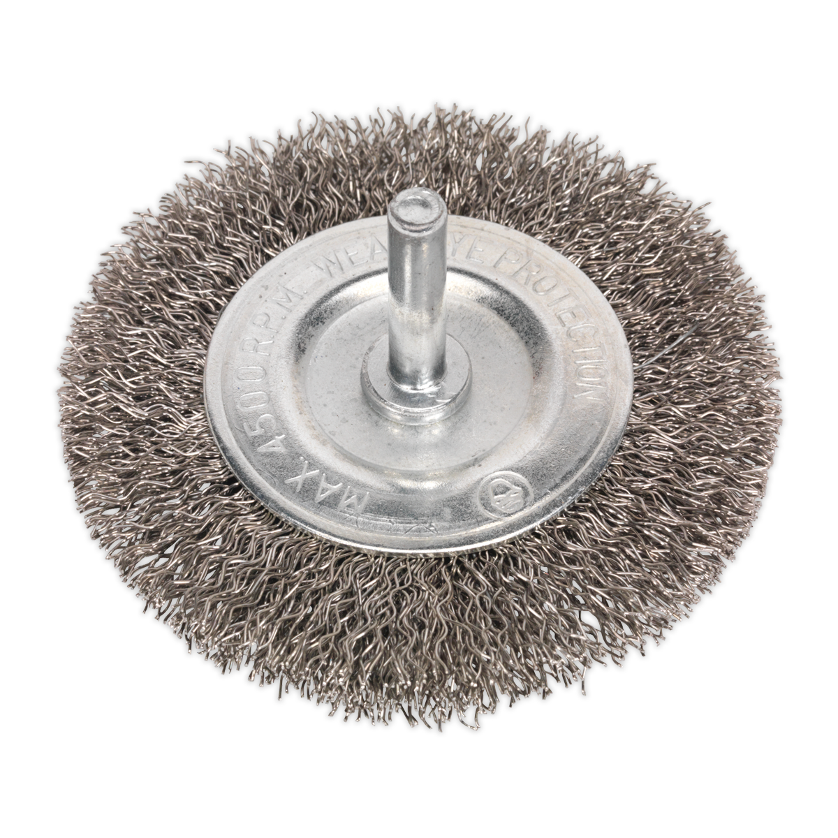 The Sealey SFBS75 Flat Wire Brush, featuring crimped stainless steel filaments and a 6mm central shaft, is designed for use with power tools. Ideal for cleaning, deburring, and surface preparation, it supports a maximum speed of 4500rpm.