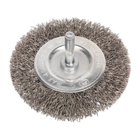 The Sealey SFBS75 Flat Wire Brush, featuring crimped stainless steel filaments and a 6mm central shaft, is designed for use with power tools. Ideal for cleaning, deburring, and surface preparation, it supports a maximum speed of 4500rpm.