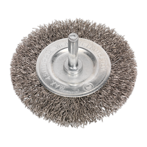 The Sealey SFBS75 Flat Wire Brush, featuring crimped stainless steel filaments and a 6mm central shaft, is designed for use with power tools. Ideal for cleaning, deburring, and surface preparation, it supports a maximum speed of 4500rpm.