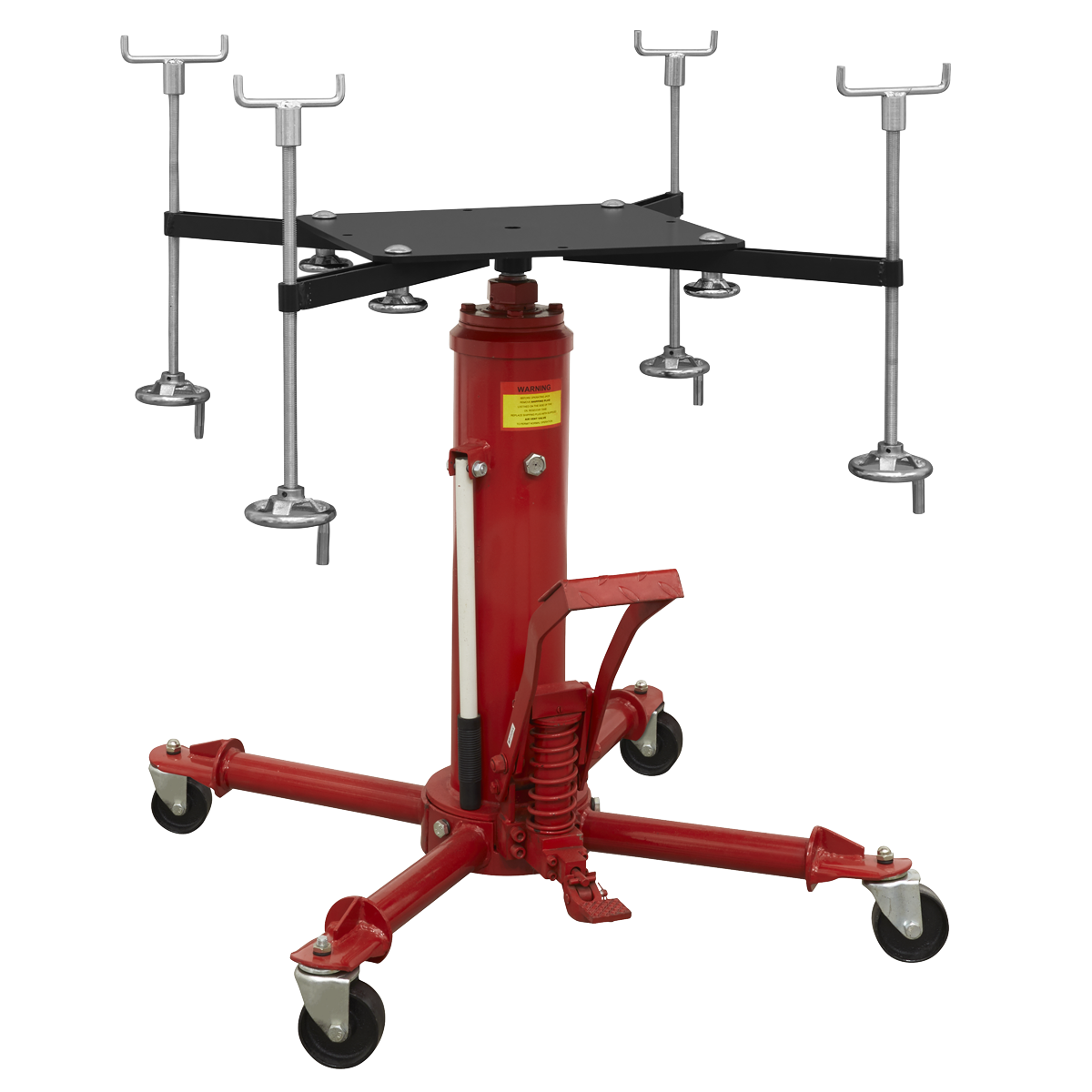 The Sealey Subframe Cradle and 500kg Transmission Jack Combo (SFC500COMBO) is a red hydraulic transmission jack equipped with foot pedal operation, caster wheels, adjustable support arms, and features a telescopic RAM for high-speed lift.