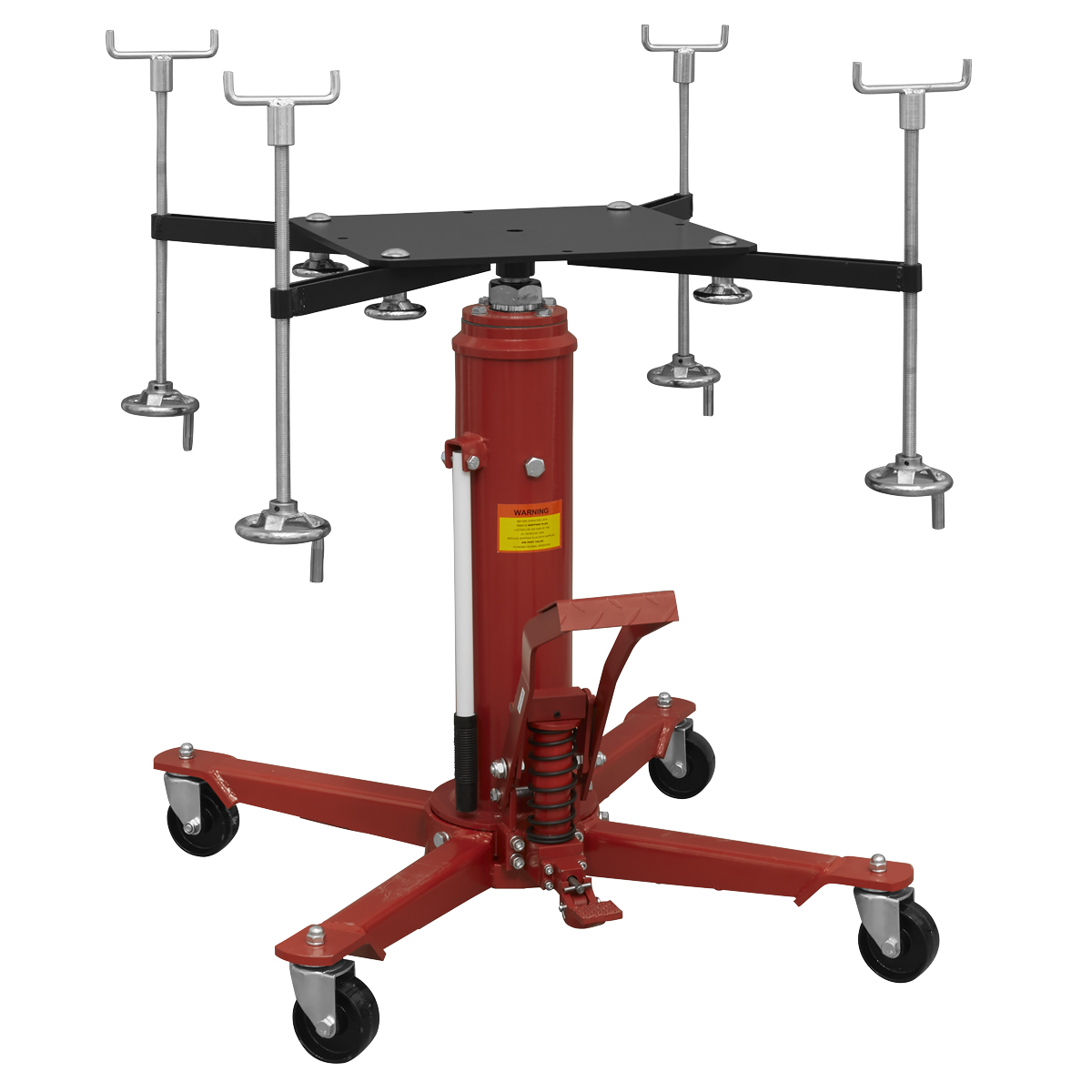 A Sealey Subframe Cradle and 800kg Transmission Jack Combo (SFC800COMBO) in red, featuring an adjustable mount and four highly maneuverable caster wheels. Additional attachment components are displayed in the background.