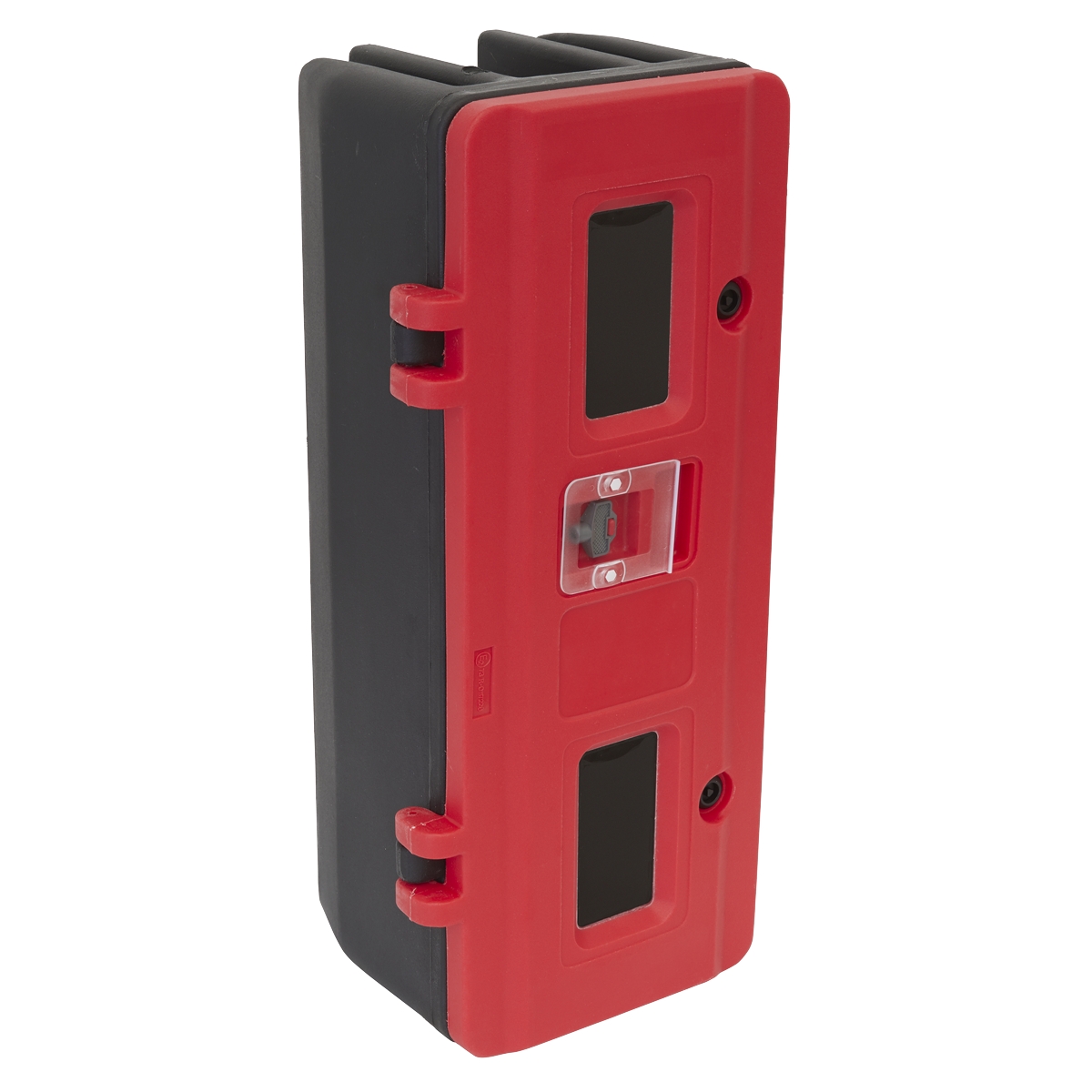 The Sealey Fire Extinguisher Cabinet - Single (SFEC01) is a rectangular electronic device in black and red, constructed from durable composite material. It features three rectangular display windows and a central button on its front panel.