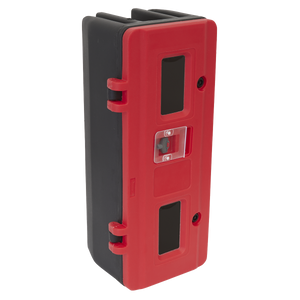 The Sealey Fire Extinguisher Cabinet - Single (SFEC01) is a rectangular electronic device in black and red, constructed from durable composite material. It features three rectangular display windows and a central button on its front panel.