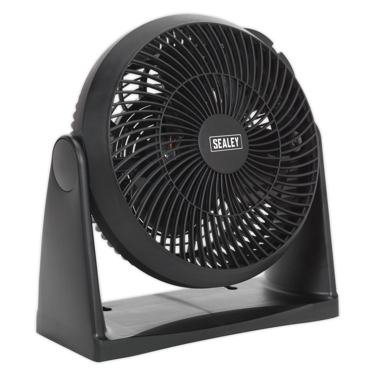 The Sealey Desk/Floor Fan 3-Speed 8" 230V - SFF08 is a black fan featuring a circular protective grille, an adjustable stand, and made from durable composite material.