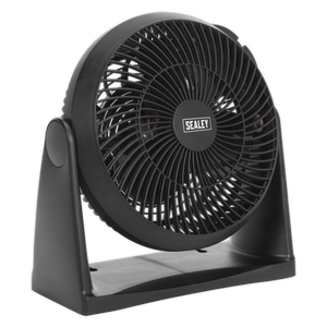 The Sealey Desk/Floor Fan 3-Speed 8" 230V - SFF08 is a black fan featuring a circular protective grille, an adjustable stand, and made from durable composite material.