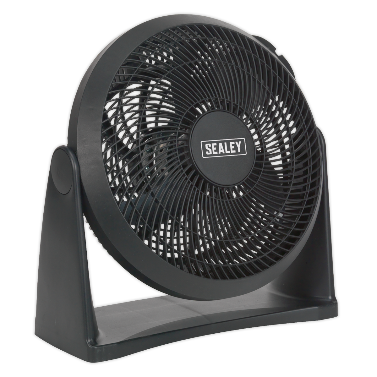 The Sealey Desk/Floor Fan 3-Speed 12" 230V - SFF12 is a black portable fan featuring a circular grille and mounted on a stable, angled base made from durable composite material. It offers versatile cooling options with its 3-speed settings and the ability to rotate on a 180° axis.