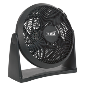 The Sealey Desk/Floor Fan 3-Speed 12" 230V - SFF12 is a black portable fan featuring a circular grille and mounted on a stable, angled base made from durable composite material. It offers versatile cooling options with its 3-speed settings and the ability to rotate on a 180° axis.