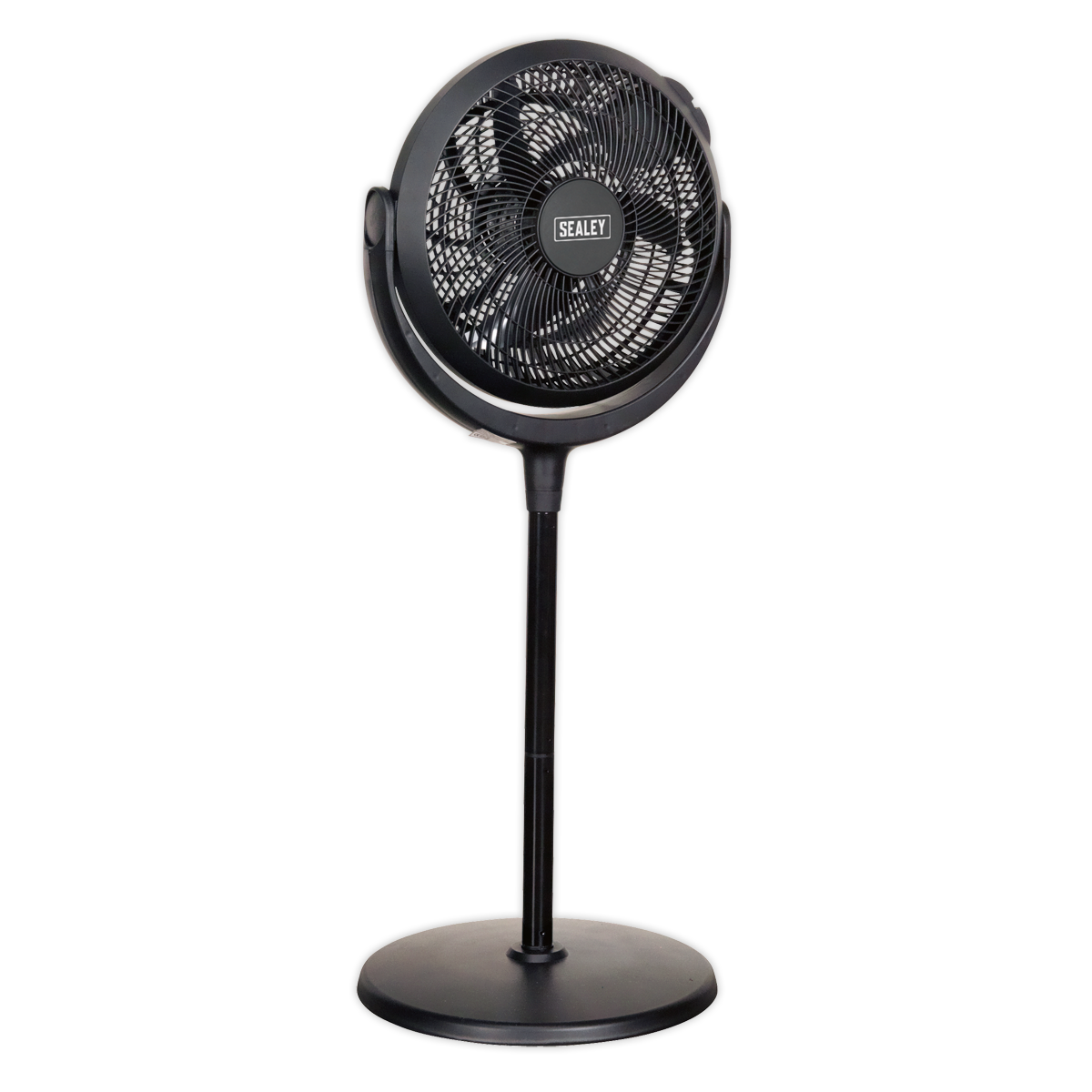 Introducing the Sealey Desk & Pedestal Fan 12" 230V - SFF12DP, a versatile black pedestal fan with a circular grill featuring adjustable height and 3-speed settings for customized comfort.