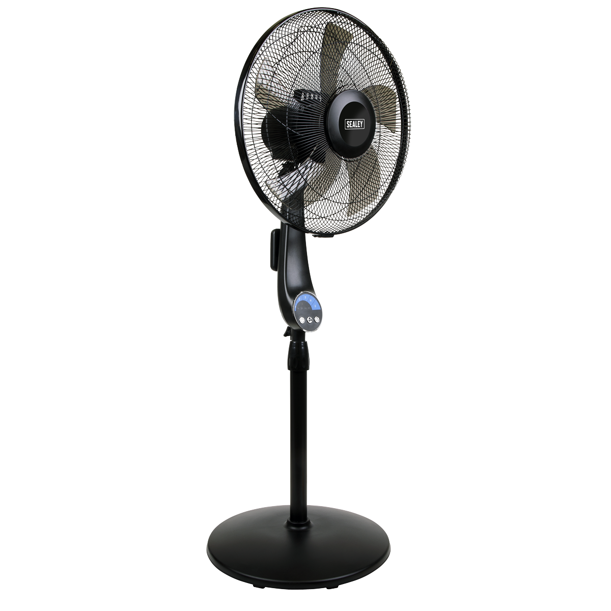 The Sealey 16" Quiet High Performance Oscillating Pedestal Fan - SFF16Q comes in a sleek black finish and features a circular blade guard, digital control panel, and an adjustable fan head for customized airflow. It also includes a remote control for convenient operation.