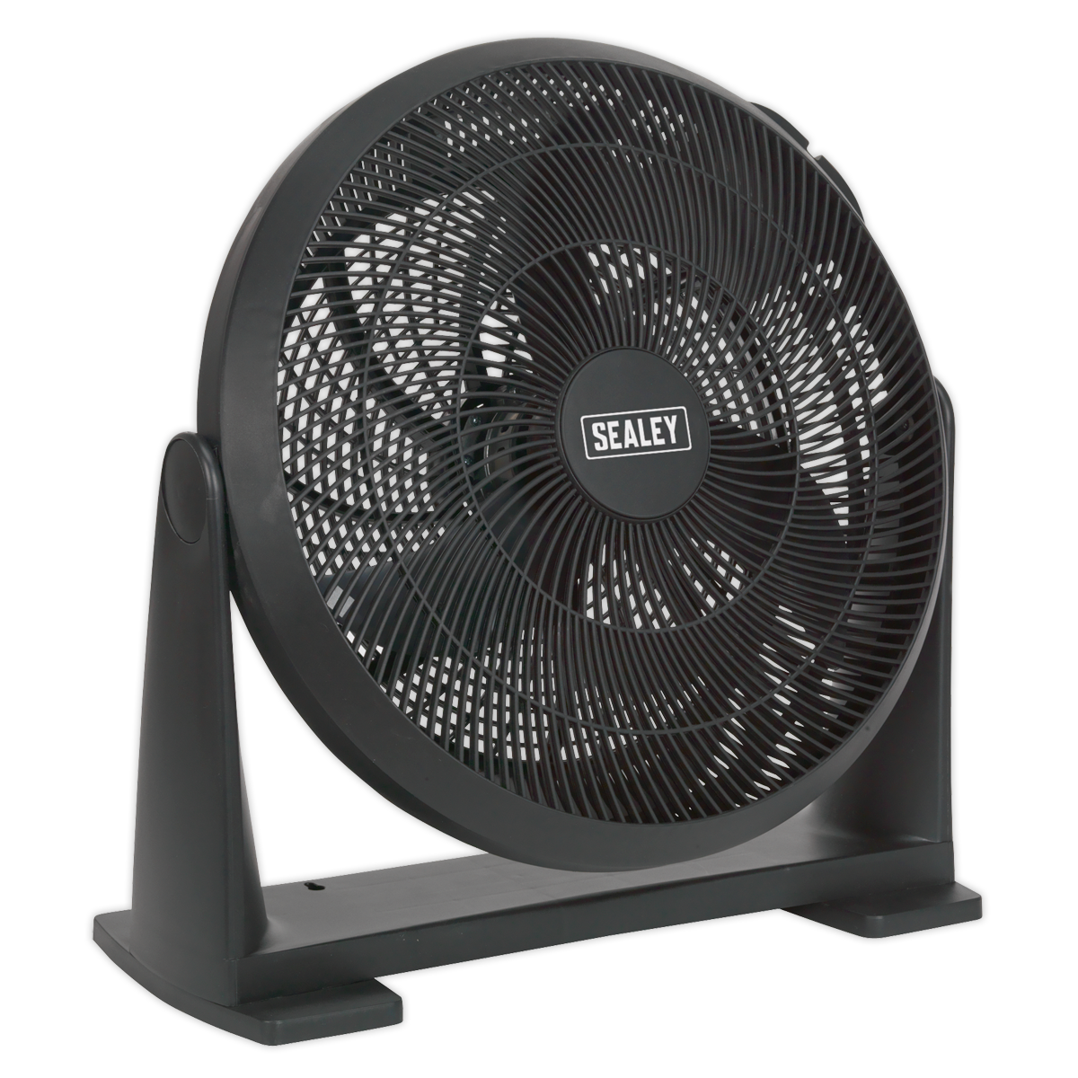 A Sealey Desk/Floor Fan 3-Speed 16" 230V - SFF16 in black, featuring a large circular grille on a stable base and offering 3-speed settings for optimal airflow.