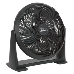 A Sealey Desk/Floor Fan 3-Speed 16" 230V - SFF16 in black, featuring a large circular grille on a stable base and offering 3-speed settings for optimal airflow.