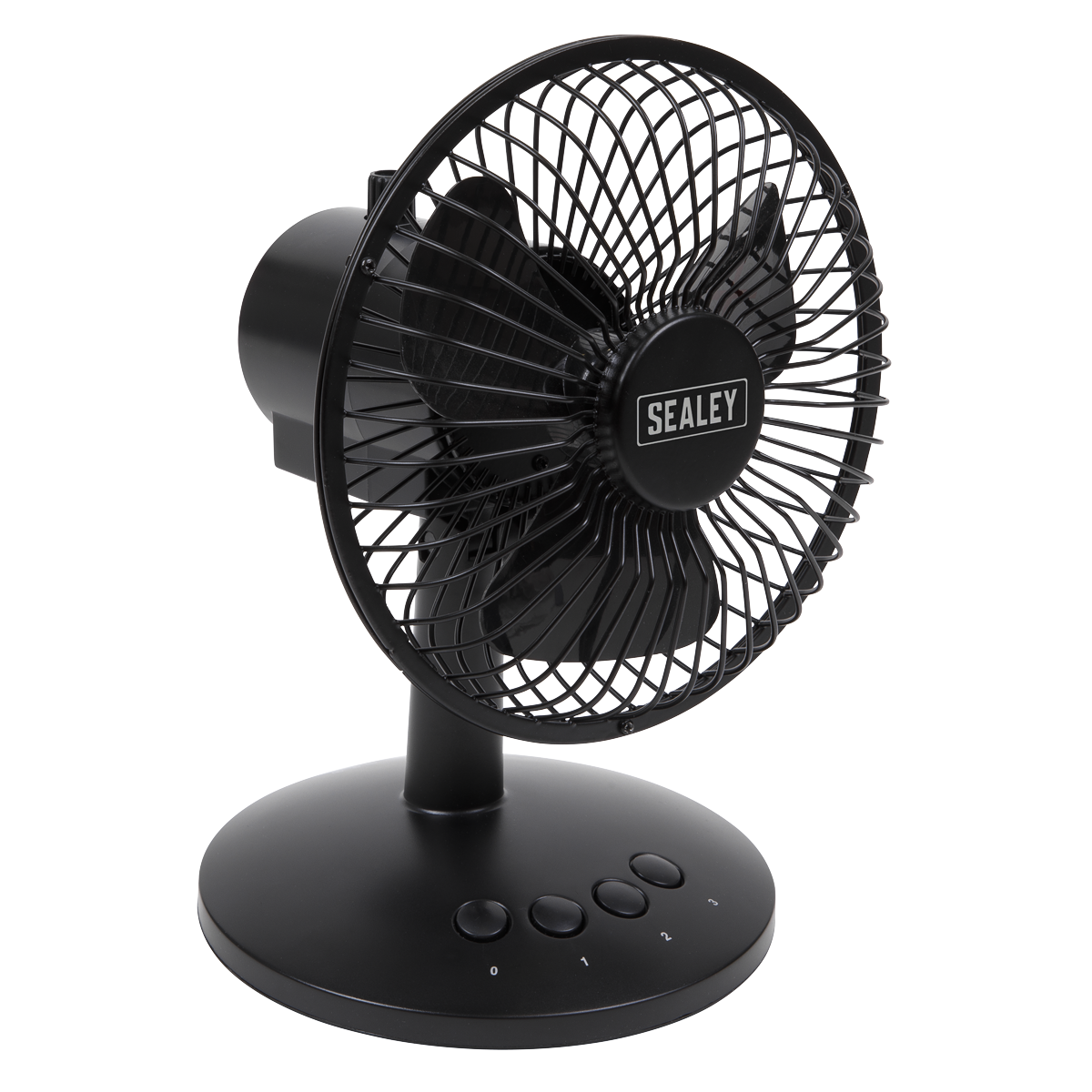 Sealey's Oscillating USB Desk Fan 3-Speed 6" (SFF6USB) features a black finish, a quiet brushless motor, a round base, four-speed control buttons, and a protective grille on the blades.