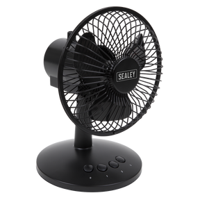 Sealey's Oscillating USB Desk Fan 3-Speed 6" (SFF6USB) features a black finish, a quiet brushless motor, a round base, four-speed control buttons, and a protective grille on the blades.