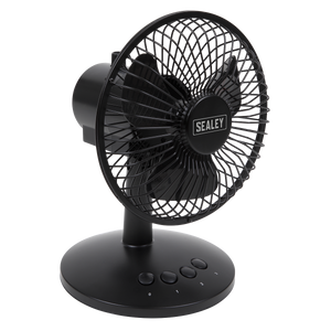 Sealey's Oscillating USB Desk Fan 3-Speed 6" (SFF6USB) features a black finish, a quiet brushless motor, a round base, four-speed control buttons, and a protective grille on the blades.