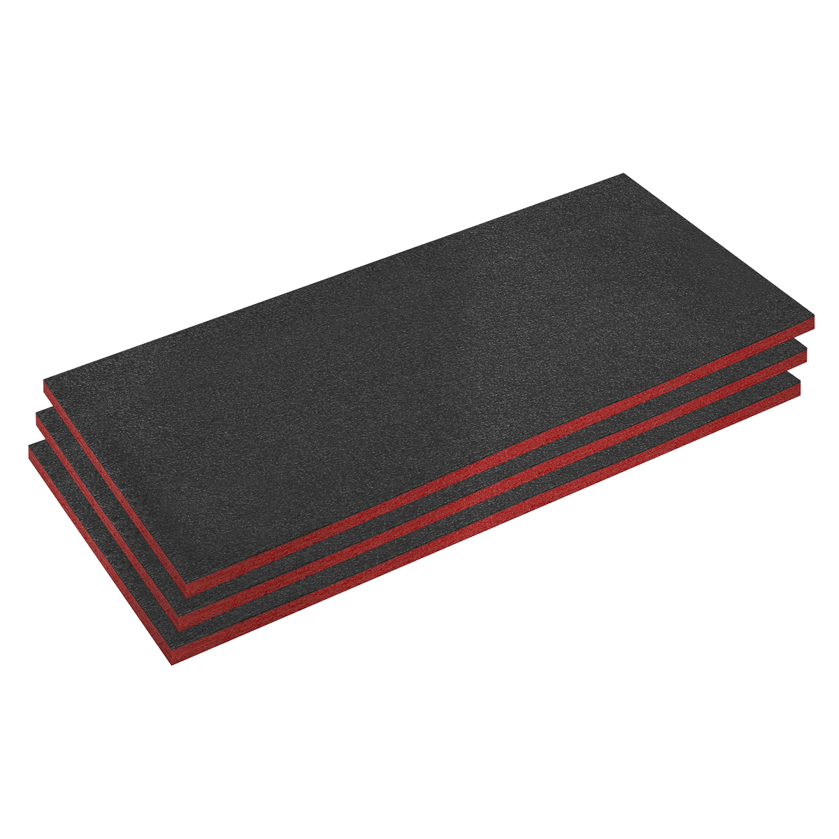 Stack of three Sealey Easy Peel Shadow Foam® Red/Black 30mm (SFPK30R) sheets displayed on a white background, perfect for creating custom Tool Tray Inserts.