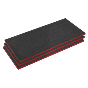 Stack of three Sealey Easy Peel Shadow Foam® Red/Black 30mm (SFPK30R) sheets displayed on a white background, perfect for creating custom Tool Tray Inserts.