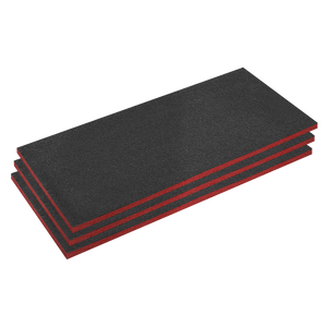 Stack of three Sealey Easy Peel Shadow Foam® Red/Black 30mm (SFPK30R) sheets displayed on a white background, perfect for creating custom Tool Tray Inserts.