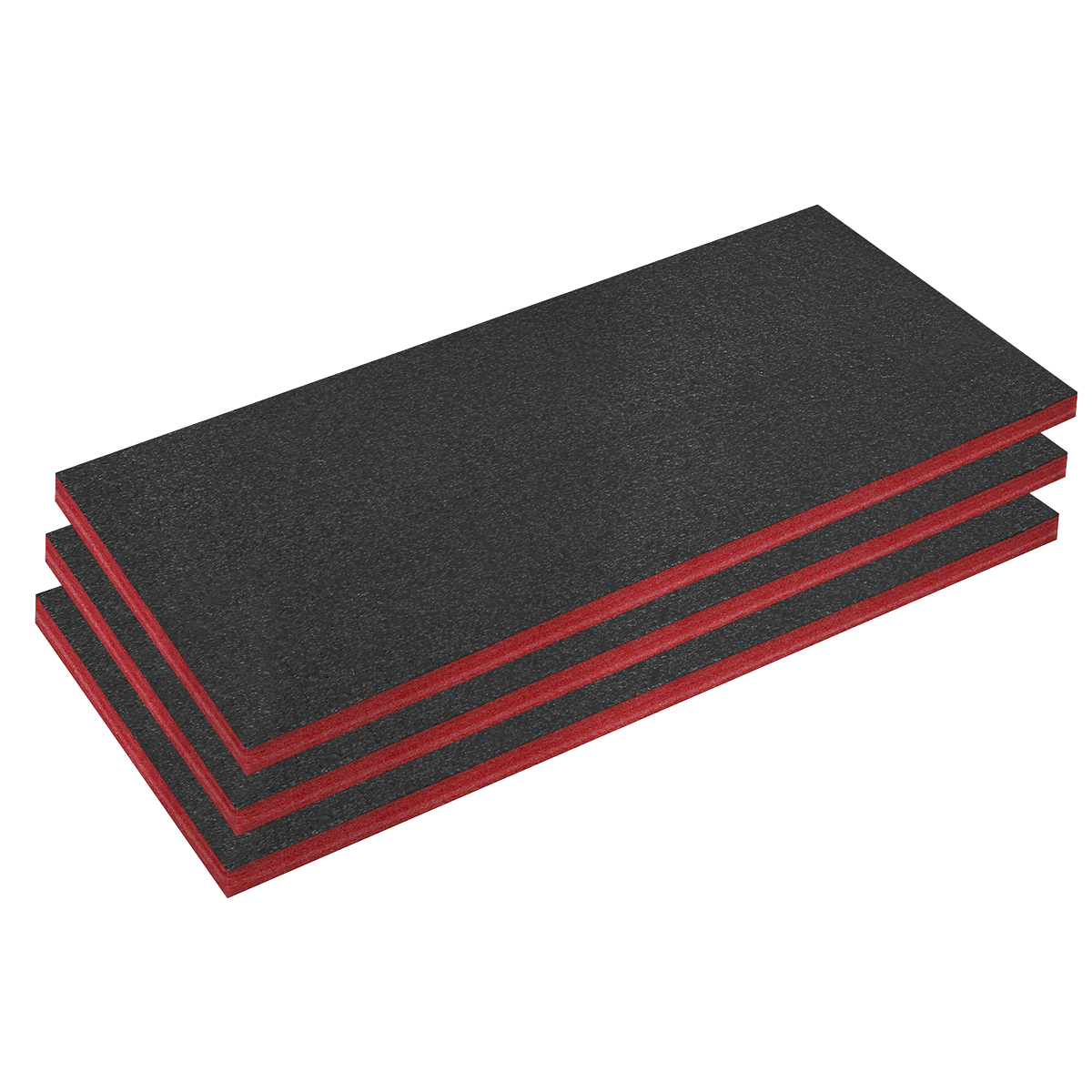 Three stacked Easy Peel Shadow Foam® Red/Black 50mm mats from Sealey, shown from a slightly angled perspective, perfect as Tool Tray Inserts.