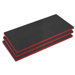Three stacked Easy Peel Shadow Foam® Red/Black 50mm mats from Sealey, shown from a slightly angled perspective, perfect as Tool Tray Inserts.