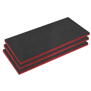 Three stacked Easy Peel Shadow Foam® Red/Black 50mm mats from Sealey, shown from a slightly angled perspective, perfect as Tool Tray Inserts.