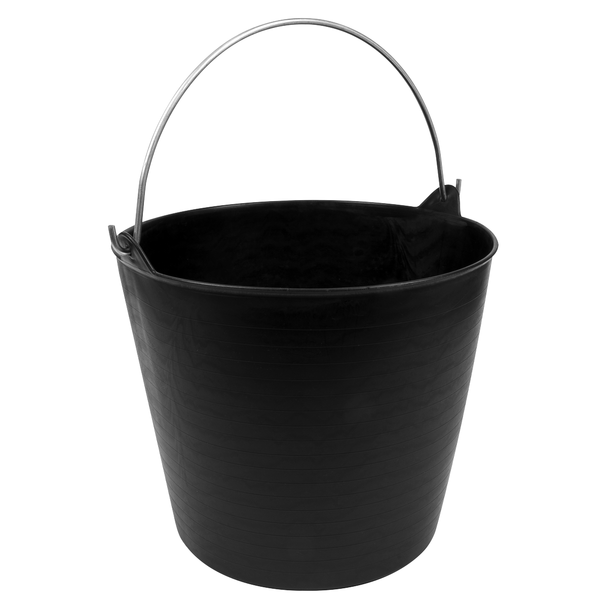 A Sealey Heavy-Duty Flexi Tub 26L with Metal Handle in black, empty and standing upright against a white background. Perfect for versatile construction tasks and suited for both domestic and industrial applications.