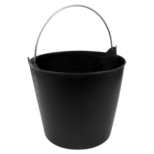 A Sealey Heavy-Duty Flexi Tub 26L with Metal Handle in black, empty and standing upright against a white background. Perfect for versatile construction tasks and suited for both domestic and industrial applications.