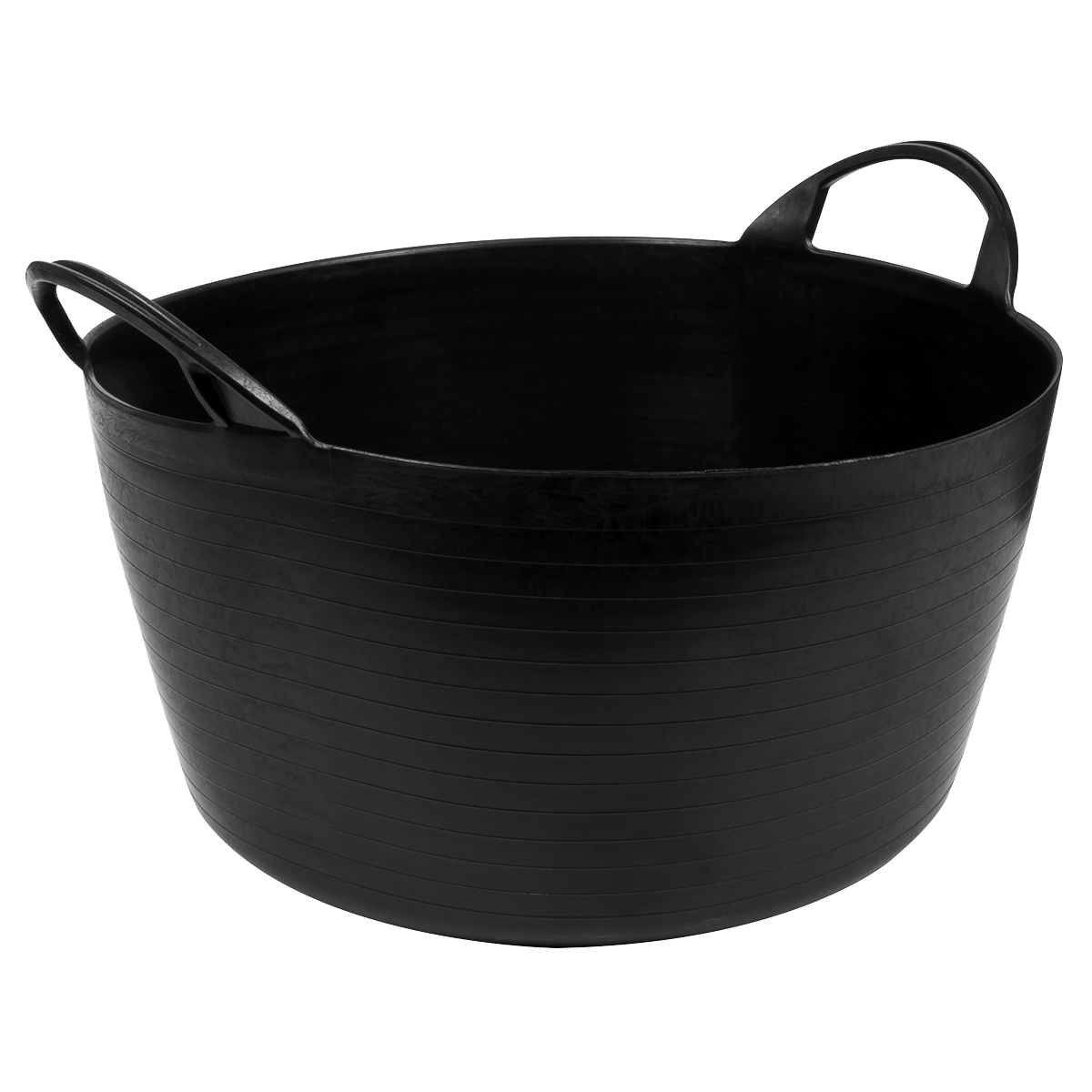 The Heavy-Duty Flexi Tub 30L - Black (SFT30) by Sealey is a large, round black plastic tub featuring two handles on opposite sides, made from heavy-duty polyethylene for industrial applications.