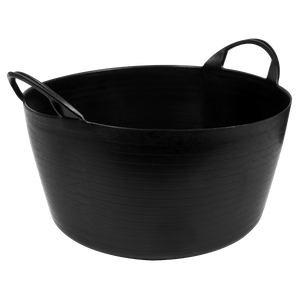 The Heavy-Duty Flexi Tub 30L - Black (SFT30) by Sealey is a large, round black plastic tub featuring two handles on opposite sides, made from heavy-duty polyethylene for industrial applications.