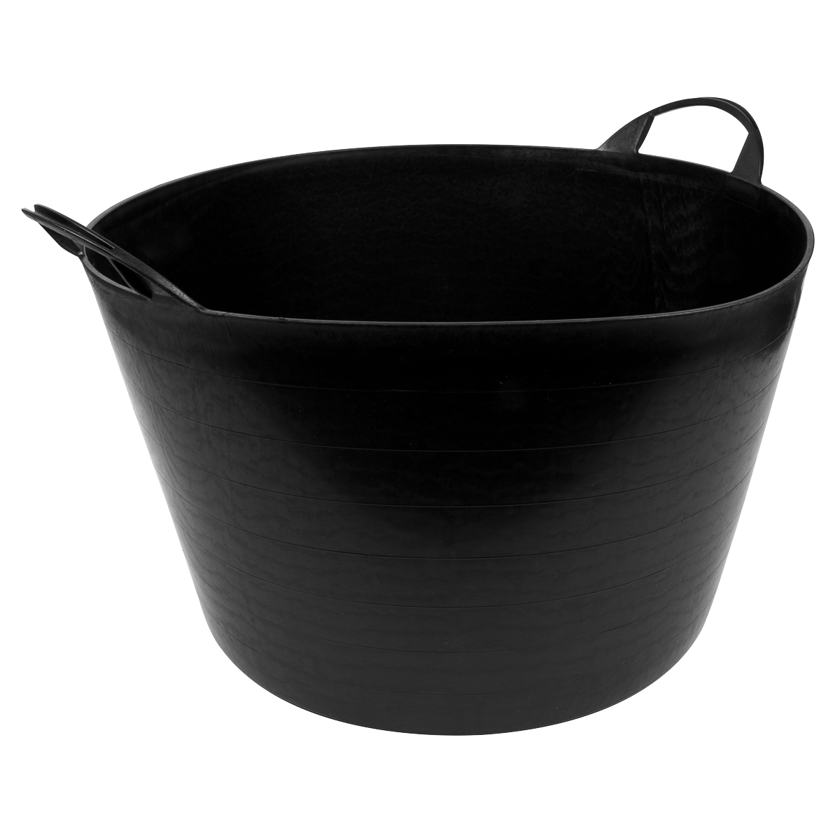 The Sealey Heavy-Duty Flexi Tub 65L - Black (SFT65), made from sturdy polyethylene, features two handles and a small spout, making it ideal for both domestic and industrial applications.