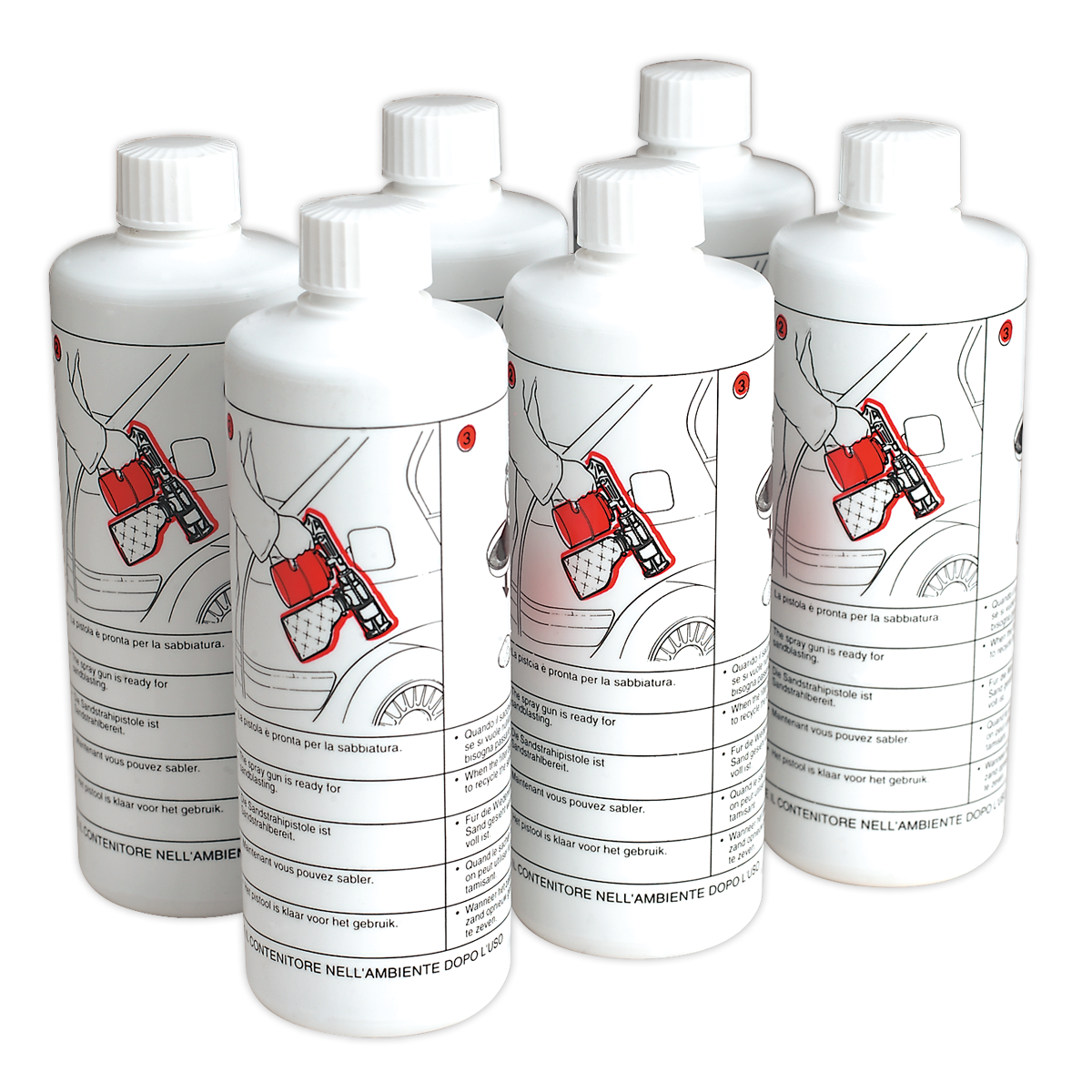 A pack of six Sealey Shot Blasting Sand bottles (SG10/SAND6) with red and white labels featuring a car and multilingual text, designed for COSHH compliance and intended for use with recirculating shot blasters.